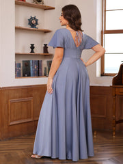 A Line Princess V Neck Short Sleeves Floor Length Mother Of The Bride Long Dresses With Ruffles