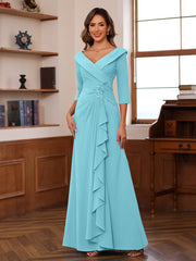 Sheath Column V Neck 3 4 Length Sleeves Floor Length Unique Mother Of The Bride Dresses With Ruffles Appliques