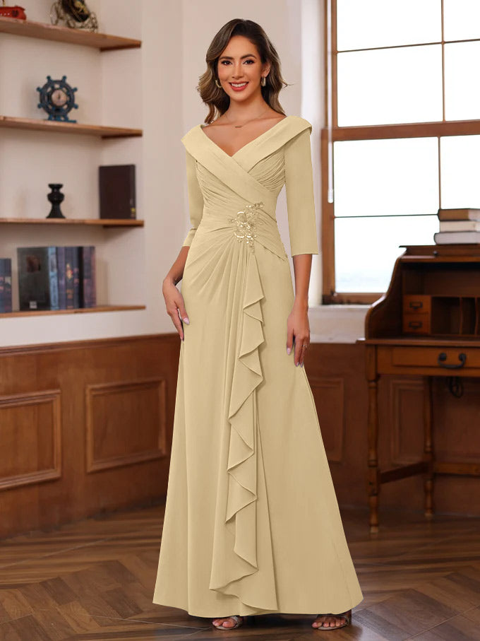 Sheath Column V Neck 3 4 Length Sleeves Floor Length Unique Mother Of The Bride Dresses With Ruffles Appliques