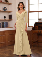 Sheath Column V Neck 3 4 Length Sleeves Floor Length Unique Mother Of The Bride Dresses With Ruffles Appliques