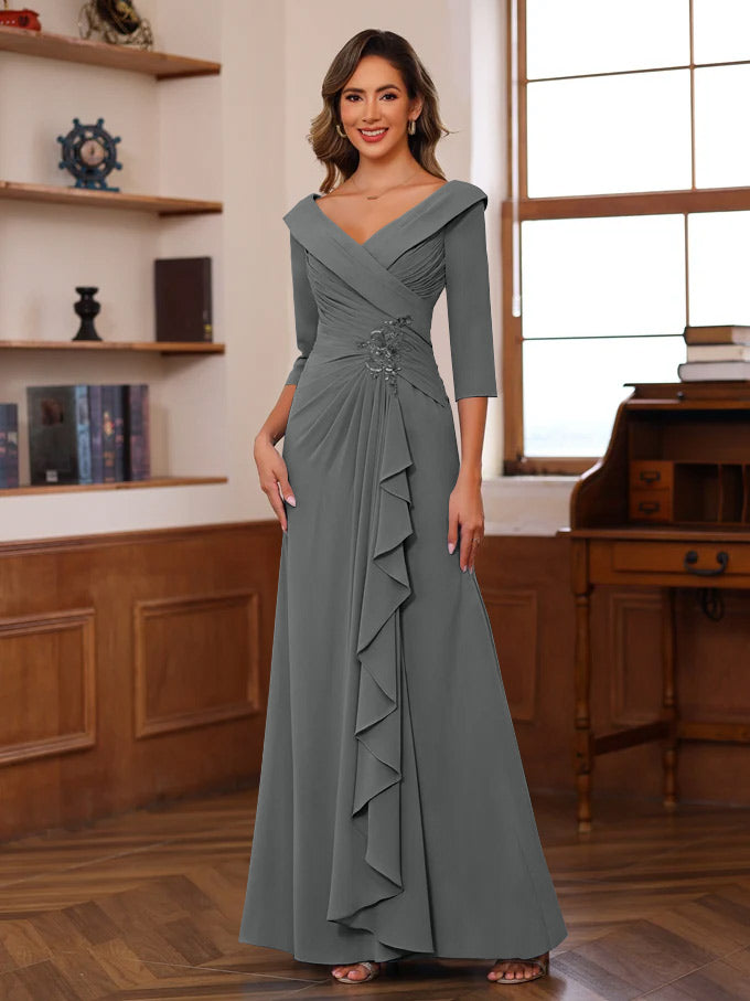Sheath Column V Neck 3 4 Length Sleeves Floor Length Unique Mother Of The Bride Dresses With Ruffles Appliques