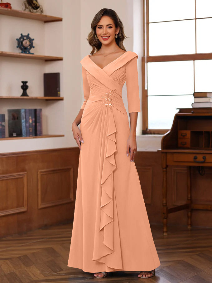 Sheath Column V Neck 3 4 Length Sleeves Floor Length Unique Mother Of The Bride Dresses With Ruffles Appliques