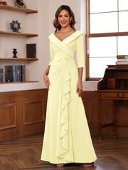 Sheath Column V Neck 3 4 Length Sleeves Floor Length Unique Mother Of The Bride Dresses With Ruffles Appliques