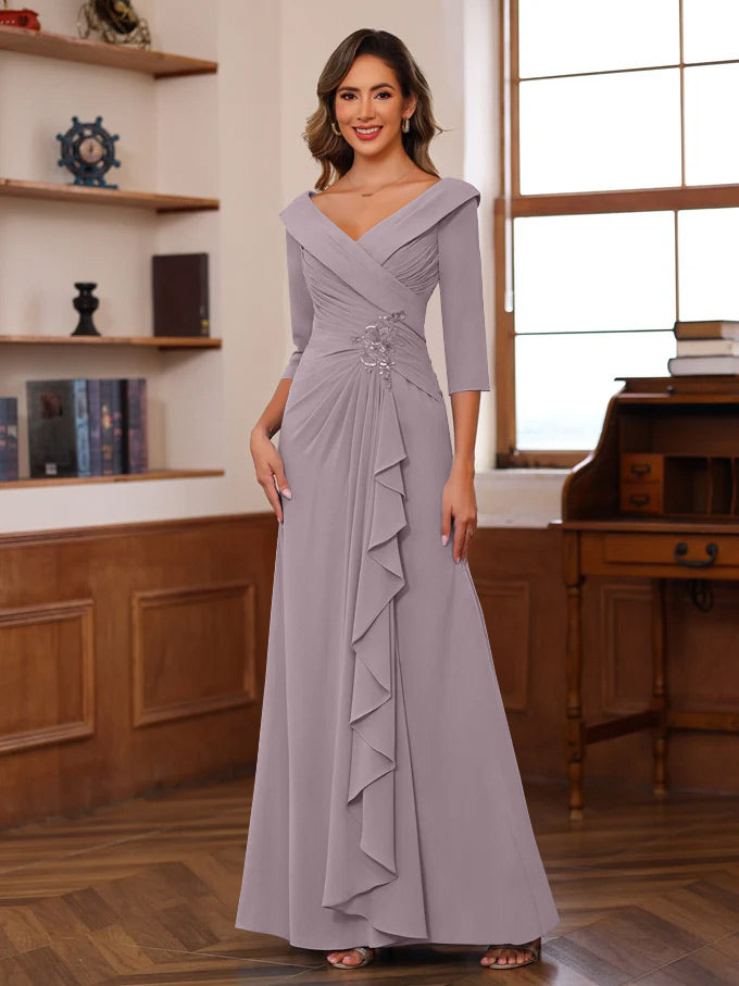 Sheath Column V Neck 3 4 Length Sleeves Floor Length Unique Mother Of The Bride Dresses With Ruffles Appliques