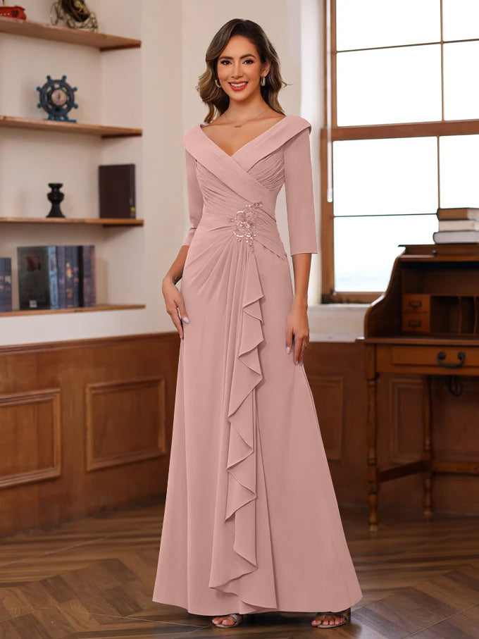 Sheath Column V Neck 3 4 Length Sleeves Floor Length Unique Mother Of The Bride Dresses With Ruffles Appliques