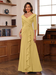 Sheath Column V Neck 3 4 Length Sleeves Floor Length Unique Mother Of The Bride Dresses With Ruffles Appliques
