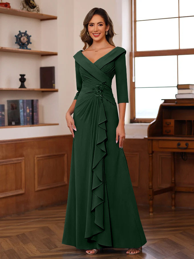 Sheath Column V Neck 3 4 Length Sleeves Floor Length Unique Mother Of The Bride Dresses With Ruffles Appliques