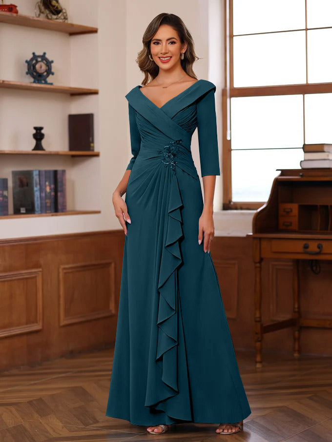 Sheath Column V Neck 3 4 Length Sleeves Floor Length Unique Mother Of The Bride Dresses With Ruffles Appliques