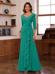 Sheath Column V Neck 3 4 Length Sleeves Floor Length Unique Mother Of The Bride Dresses With Ruffles Appliques