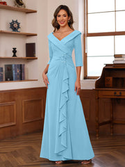 Sheath Column V Neck 3 4 Length Sleeves Floor Length Unique Mother Of The Bride Dresses With Ruffles Appliques