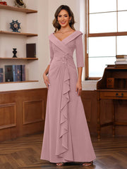Sheath Column V Neck 3 4 Length Sleeves Floor Length Unique Mother Of The Bride Dresses With Ruffles Appliques
