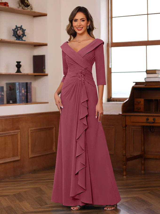 Sheath Column V Neck 3 4 Length Sleeves Floor Length Unique Mother Of The Bride Dresses With Ruffles Appliques