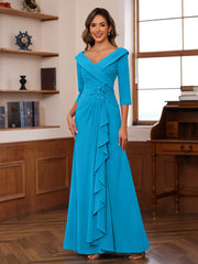 Sheath Column V Neck 3 4 Length Sleeves Floor Length Unique Mother Of The Bride Dresses With Ruffles Appliques