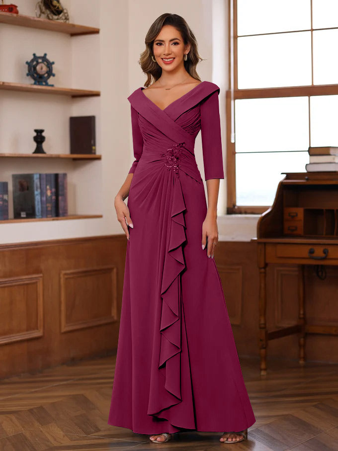 Sheath Column V Neck 3 4 Length Sleeves Floor Length Unique Mother Of The Bride Dresses With Ruffles Appliques
