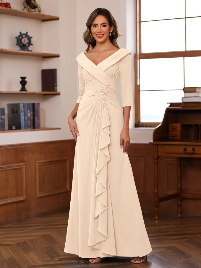 Sheath Column V Neck 3 4 Length Sleeves Floor Length Unique Mother Of The Bride Dresses With Ruffles Appliques