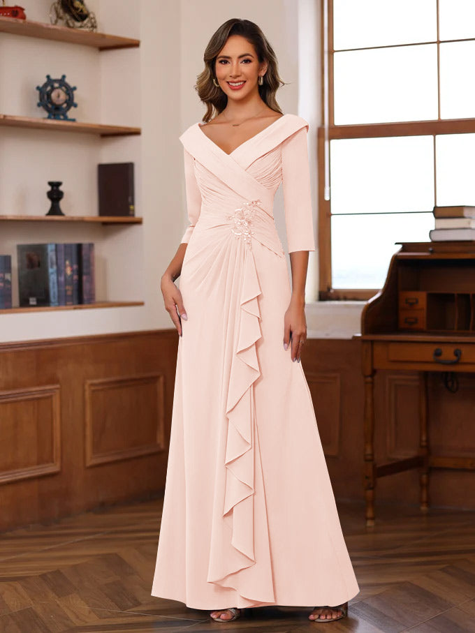 Sheath Column V Neck 3 4 Length Sleeves Floor Length Unique Mother Of The Bride Dresses With Ruffles Appliques