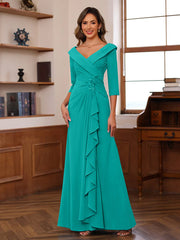 Sheath Column V Neck 3 4 Length Sleeves Floor Length Unique Mother Of The Bride Dresses With Ruffles Appliques
