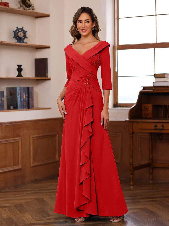 Sheath Column V Neck 3 4 Length Sleeves Floor Length Unique Mother Of The Bride Dresses With Ruffles Appliques