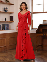 Sheath Column V Neck 3 4 Length Sleeves Floor Length Unique Mother Of The Bride Dresses With Ruffles Appliques