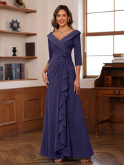 Sheath Column V Neck 3 4 Length Sleeves Floor Length Unique Mother Of The Bride Dresses With Ruffles Appliques