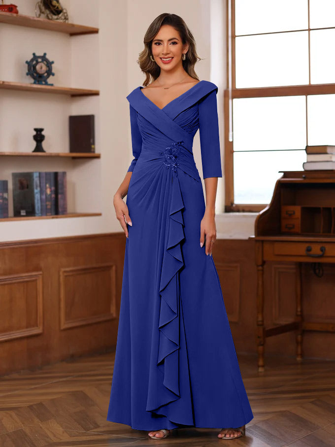Sheath Column V Neck 3 4 Length Sleeves Floor Length Unique Mother Of The Bride Dresses With Ruffles Appliques