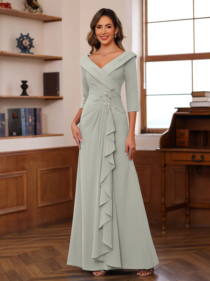 Sheath Column V Neck 3 4 Length Sleeves Floor Length Unique Mother Of The Bride Dresses With Ruffles Appliques