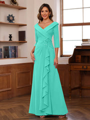 Sheath Column V Neck 3 4 Length Sleeves Floor Length Unique Mother Of The Bride Dresses With Ruffles Appliques