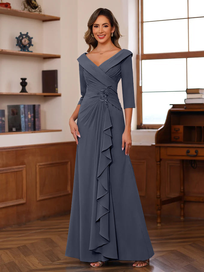 Sheath Column V Neck 3 4 Length Sleeves Floor Length Unique Mother Of The Bride Dresses With Ruffles Appliques