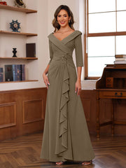 Sheath Column V Neck 3 4 Length Sleeves Floor Length Unique Mother Of The Bride Dresses With Ruffles Appliques