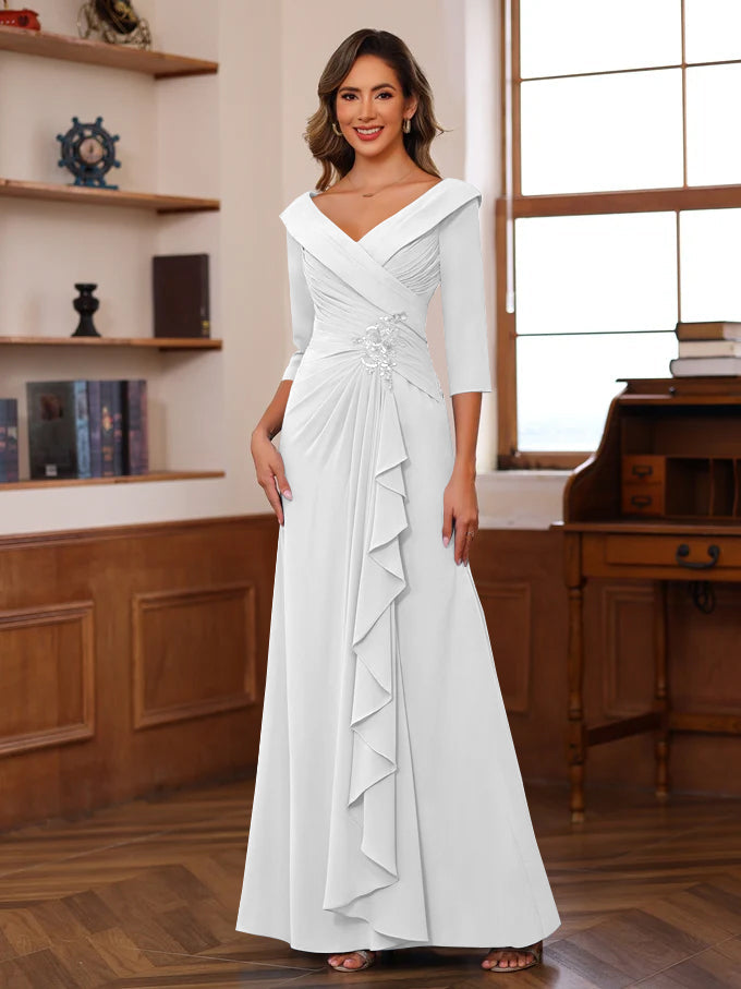 Sheath Column V Neck 3 4 Length Sleeves Floor Length Unique Mother Of The Bride Dresses With Ruffles Appliques