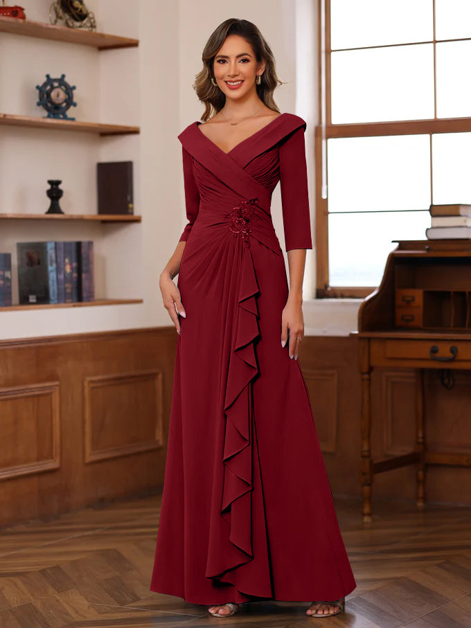 Sheath Column V Neck 3 4 Length Sleeves Floor Length Unique Mother Of The Bride Dresses With Ruffles Appliques