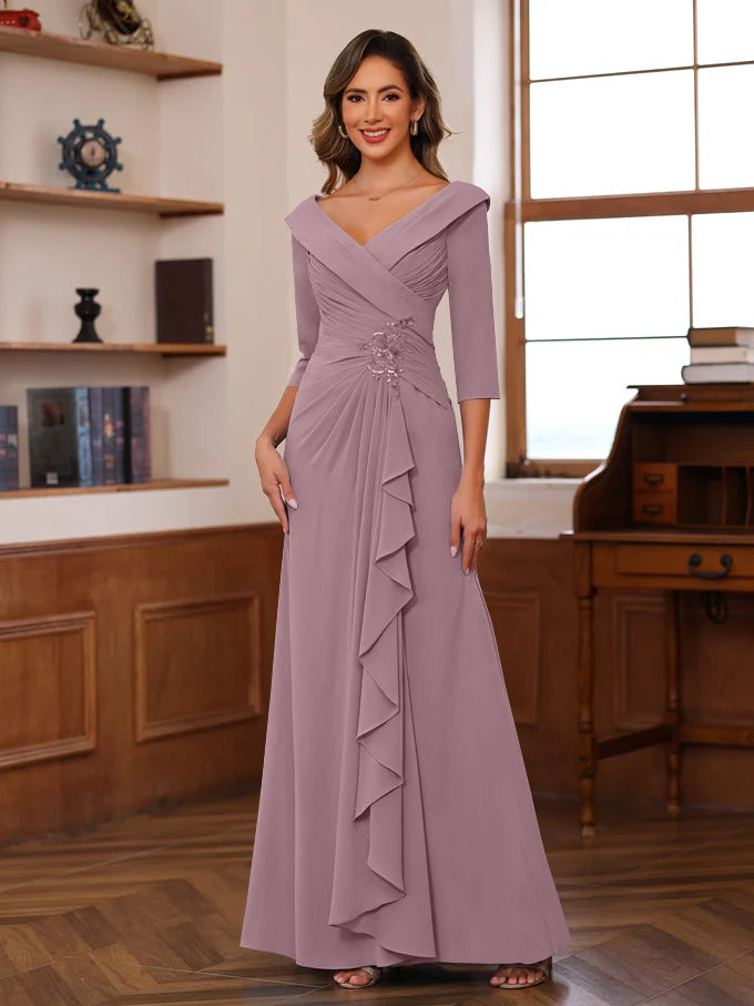 Sheath Column V Neck 3 4 Length Sleeves Floor Length Unique Mother Of The Bride Dresses With Ruffles Appliques