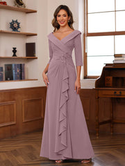 Sheath Column V Neck 3 4 Length Sleeves Floor Length Unique Mother Of The Bride Dresses With Ruffles Appliques