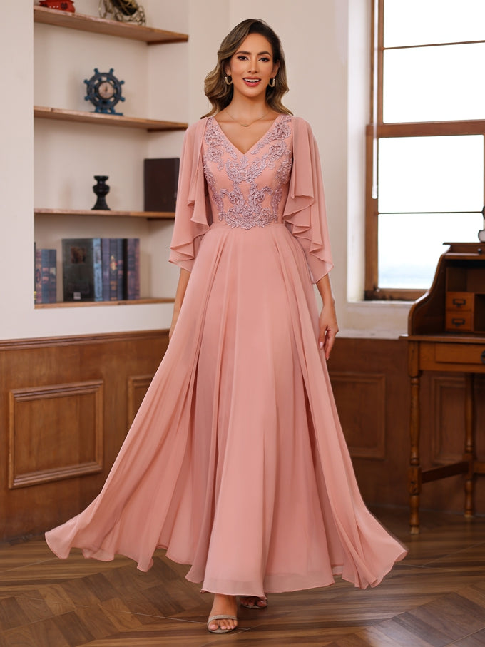A Line Princess V Neck 2 Pics Floor Length Mother Of The Bride Dresses With Appliques Wrap