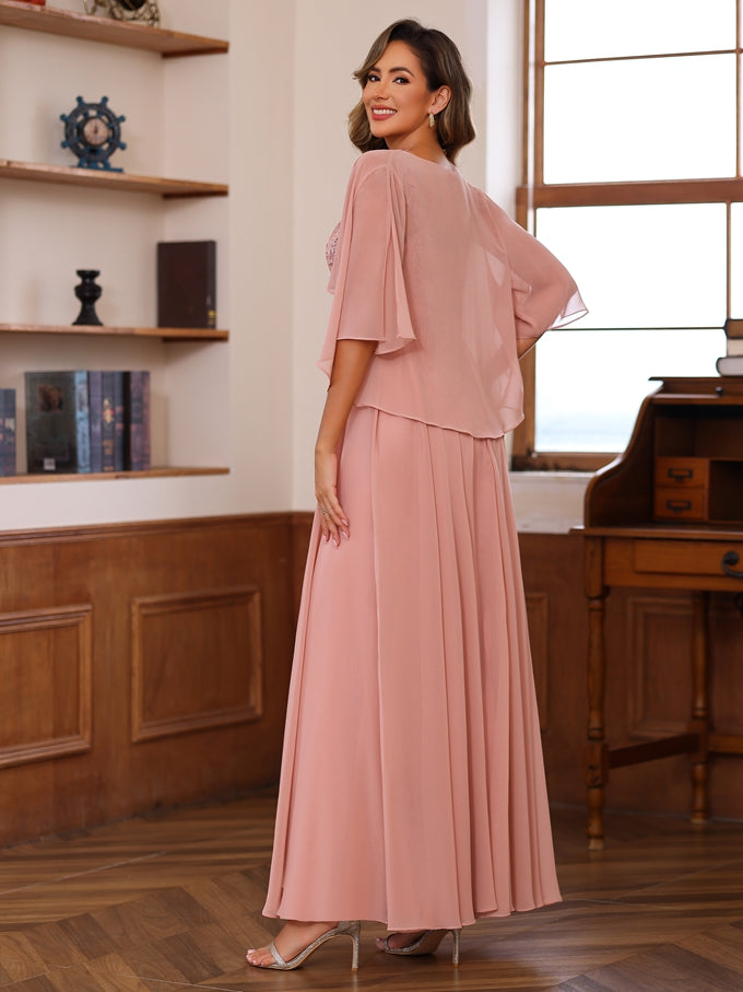 A Line Princess V Neck 2 Pics Floor Length Mother Of The Bride Dresses With Appliques Wrap