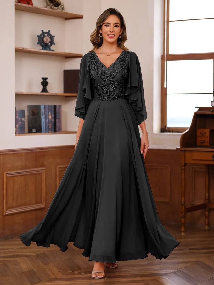A Line Princess V Neck 2 Pics Floor Length Mother Of The Bride Dresses With Appliques Wrap