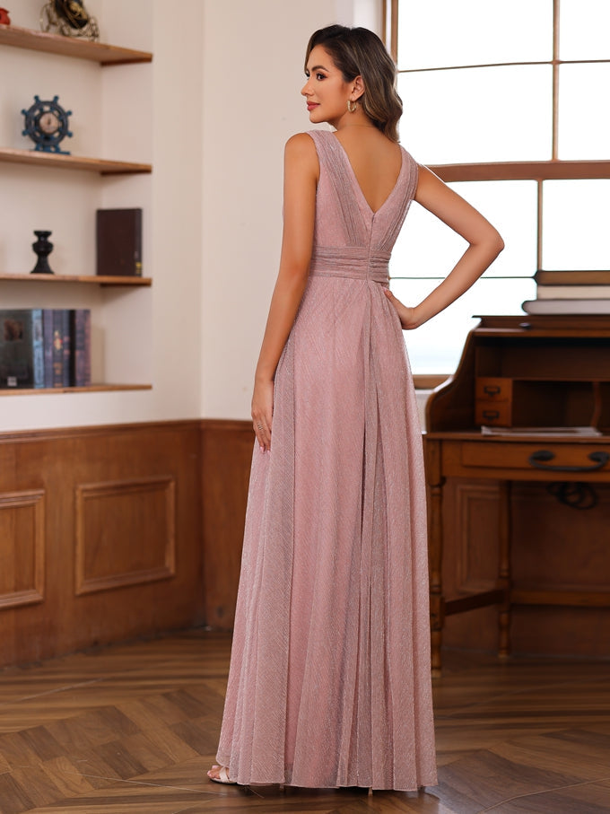 A Line Princess V Neck Sleeveless Floor Length Unique Mother Of The Bride Dresses With Ruffles