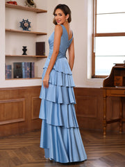 A Line Princess V Neck Sleeveless Floor Length Mother Of The Bride Dresses With Ruffles Wrap