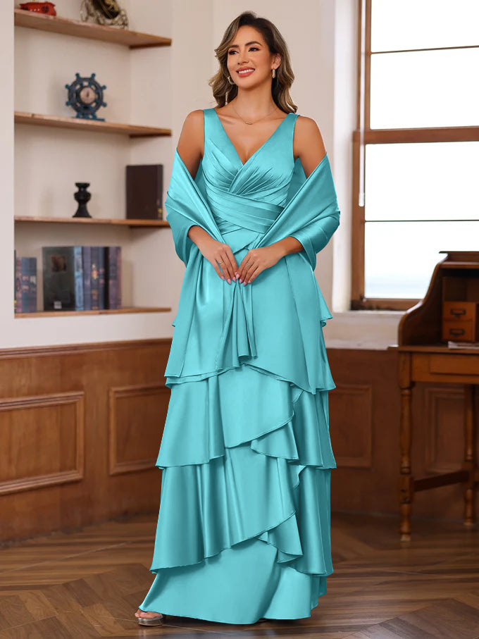 A Line Princess V Neck Sleeveless Floor Length Mother Of The Bride Dresses With Ruffles Wrap