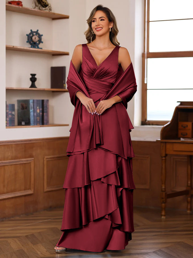 A Line Princess V Neck Sleeveless Floor Length Mother Of The Bride Dresses With Ruffles Wrap