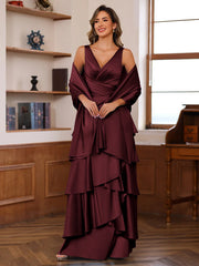 A Line Princess V Neck Sleeveless Floor Length Mother Of The Bride Dresses With Ruffles Wrap
