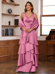 A Line Princess V Neck Sleeveless Floor Length Mother Of The Bride Dresses With Ruffles Wrap