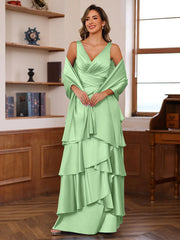 A Line Princess V Neck Sleeveless Floor Length Mother Of The Bride Dresses With Ruffles Wrap
