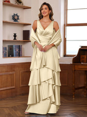 A Line Princess V Neck Sleeveless Floor Length Mother Of The Bride Dresses With Ruffles Wrap
