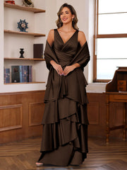 A Line Princess V Neck Sleeveless Floor Length Mother Of The Bride Dresses With Ruffles Wrap