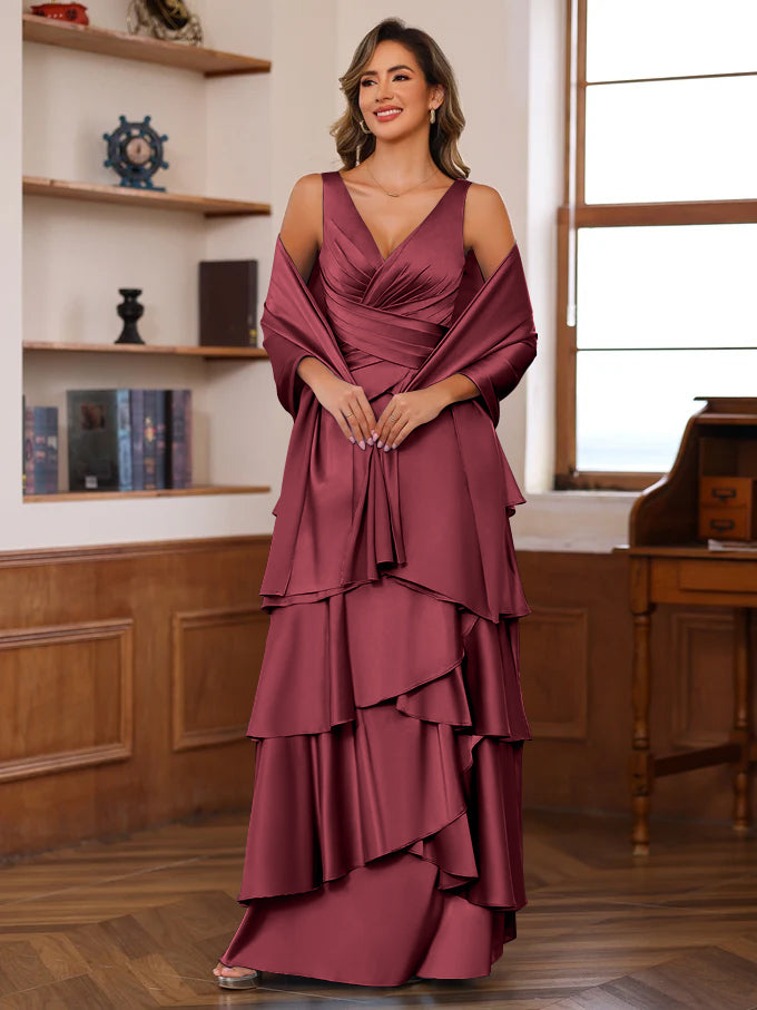 A Line Princess V Neck Sleeveless Floor Length Mother Of The Bride Dresses With Ruffles Wrap
