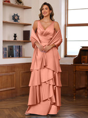 A Line Princess V Neck Sleeveless Floor Length Mother Of The Bride Dresses With Ruffles Wrap