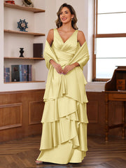 A Line Princess V Neck Sleeveless Floor Length Mother Of The Bride Dresses With Ruffles Wrap