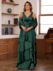 A Line Princess V Neck Sleeveless Floor Length Mother Of The Bride Dresses With Ruffles Wrap