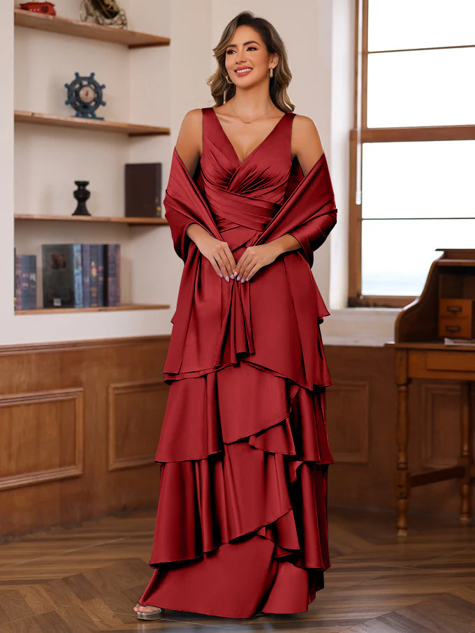 A Line Princess V Neck Sleeveless Floor Length Mother Of The Bride Dresses With Ruffles Wrap